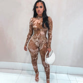Voguable  Long Sleeve Print See-Through Ruched Bodysuit Pencil Pants 2 Pieces Set Streetwear Club Y2K